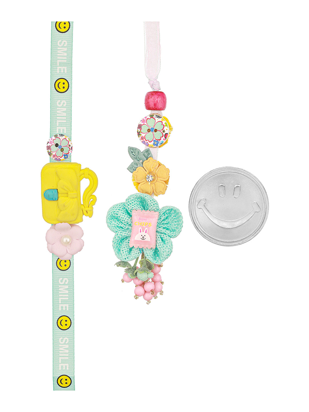 Set Of 2 Cute Handcrafted Ribbon Flower Toy Rakhi Smiley 10 gram 999 Round Silver Coin